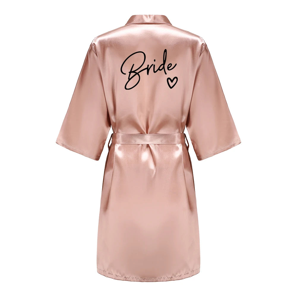 Wedding Party Team Bride Robe With Black Letters, Kimono Style Satin Bridesmaid Bathrobes