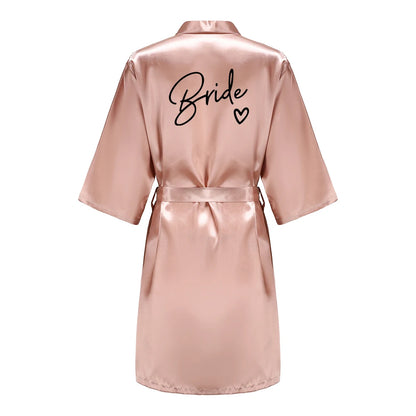 Wedding Party Team Bride Robe With Black Letters, Kimono Style Satin Bridesmaid Bathrobes