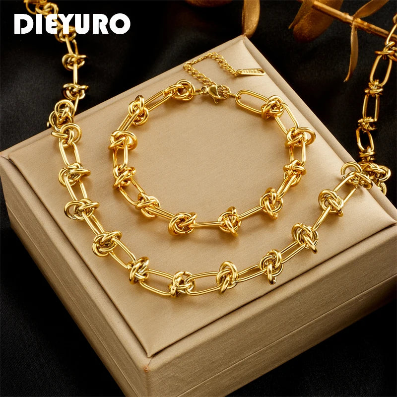 Stainless Steel, Gold /Silver Color, Twist Knot Necklace/ Bracelet For Women/Girls, Fashion Non-fading Jewelry Set Perfect for MOTHERS DAY Gift