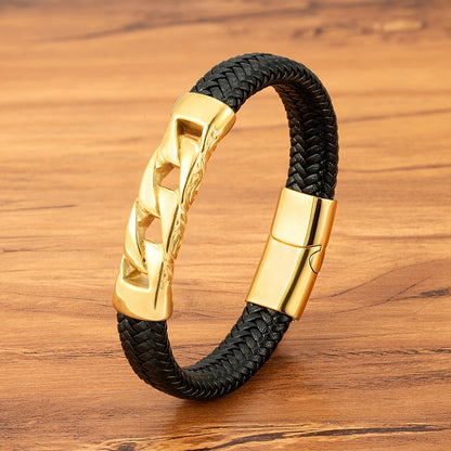 Stainless Steel Men's /Women Bracelet.   Woven Leather  with  Magnetic Buckle.  Business Jewelry/ Accessory /Gifts