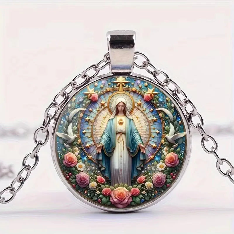 The Holy Family Glass Pendant Necklace,  Catholic Saint Joseph,  Virgin Mary,  Jesus Necklace