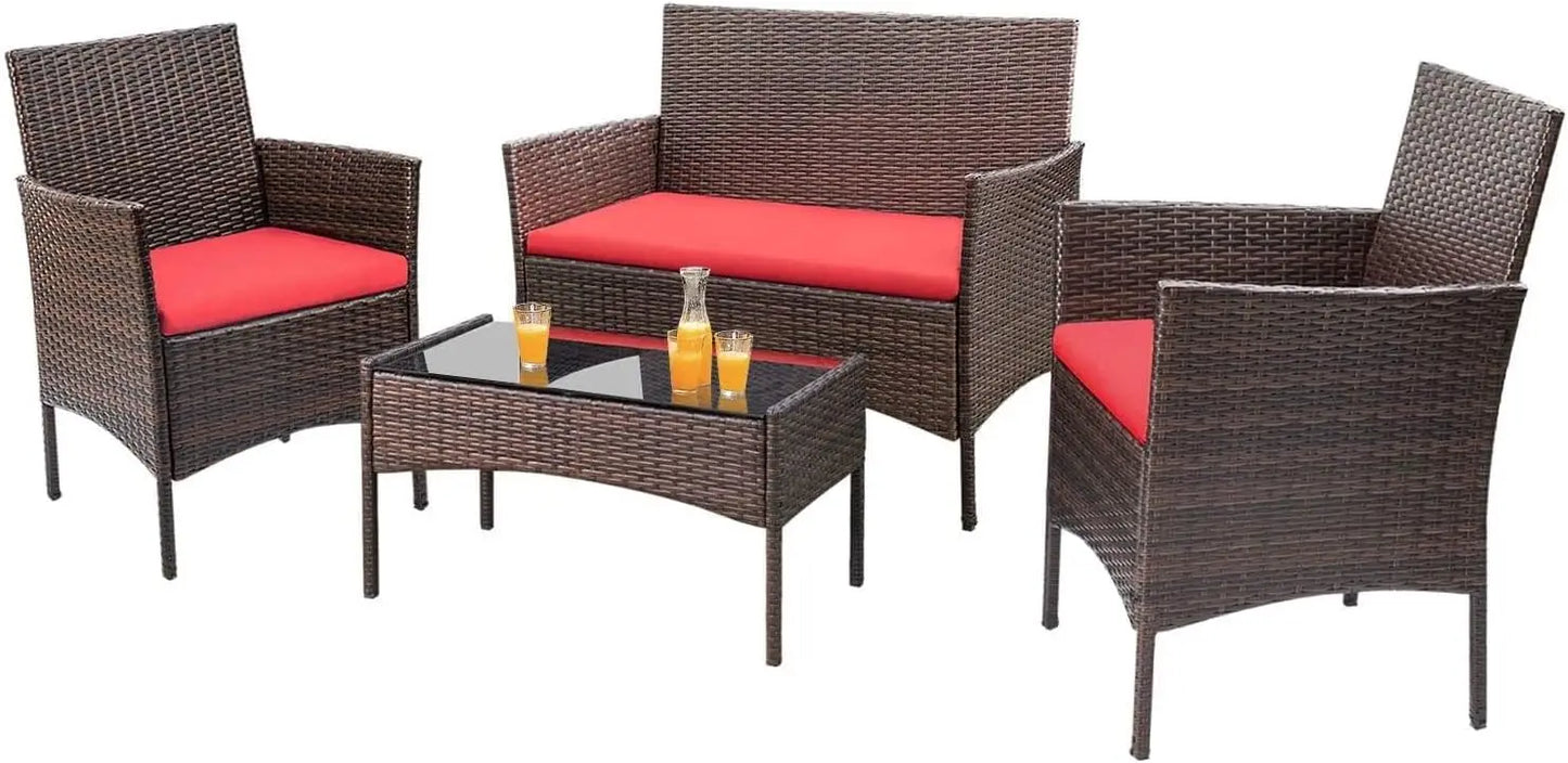 4 Pieces / Outdoor Patio Furniture Set with  Rattan Chairs,  Wicker Set, Outdoor / Indoor Use for  Backyard Porch,  Garden,  Poolside,  Balcony Furniture
