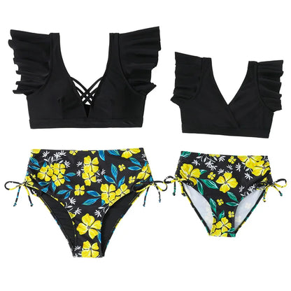 Ruffled Mother /Daughter Matching Swimsuits,  O-Neck,  Mom /Baby,  Woman /Girls Swimwear