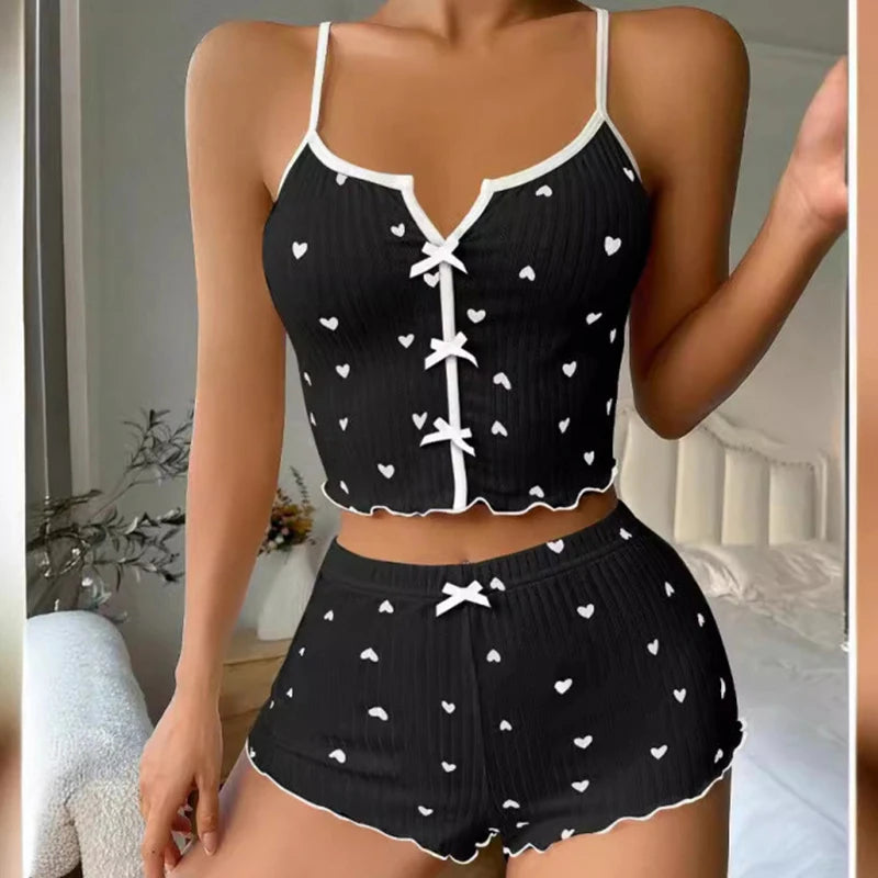 1 Set Sleepwear Women Pajamas Set Heart Print Soft Ribbed Fabric with Flirty Frill Trim Casual Cami Top and Short Set Loungewear