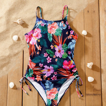 Matching  Family swimwear, Tropical Floral Print Set: Dad/Kid Shorts, Mom/Baby One-Piece Suits