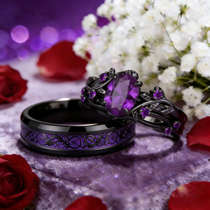 Charming Couple Rings.  Romantic Womens Purple Rhinestones CZ Rings Set.  Trendy Mens Stainless Steel Celtic Dragon Rings  for Weddings, Engagements and Occasions