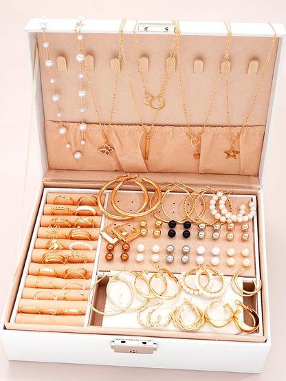 86pcs/Set Elegant Pearl Earrings,  Multi-Layered Necklaces,  Studs,  Rings,  4-In-1 Jewelry Set For Women Daily Wear Gift (No Box)