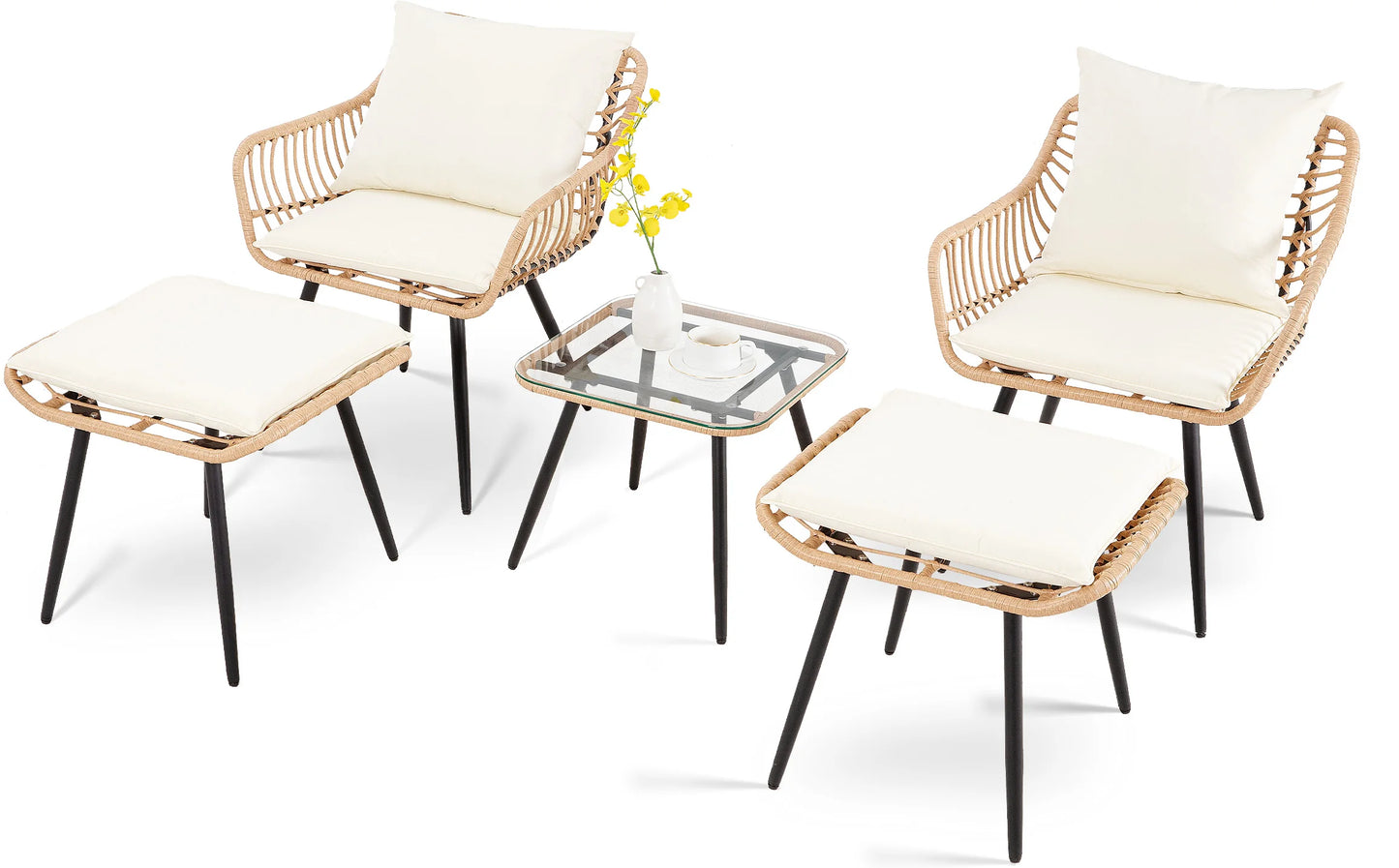 5 Piece Patio Furniture Set, Outdoor Wicker.  Small Conversation Bistro Set, All-Weather PE Rattan Chairs with Ottoman & Coffee Table