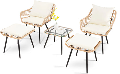 5 Piece Patio Furniture Set, Outdoor Wicker.  Small Conversation Bistro Set, All-Weather PE Rattan Chairs with Ottoman & Coffee Table