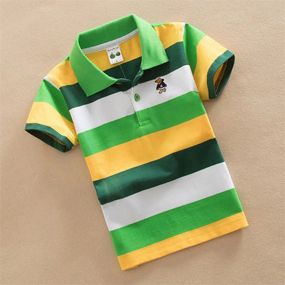 Summer Childrens Short Sleeve Stripe Tees.   Cartoon Bear Embroidery,  Tops Teens Breathable Polo Shirt Kids Clothing
