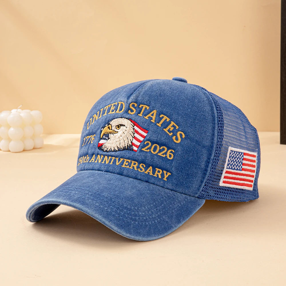 United States 250th Anniversary,  1776-2026 Bald Eagle Embroidered,  Washed Mesh,  American Flag , Adjustable Baseball Cap