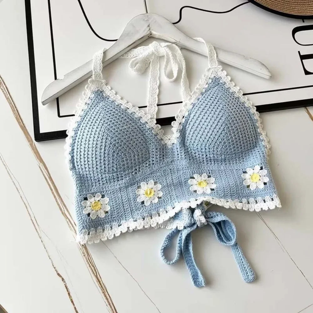 National Style Women Swimwear Top with Chest Pads Bohemian Beach Wear Outfit Crochet Hanging Neck Summer Sling Beach Vacation