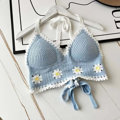National Style Women Swimwear Top with Chest Pads Bohemian Beach Wear Outfit Crochet Hanging Neck Summer Sling Beach Vacation