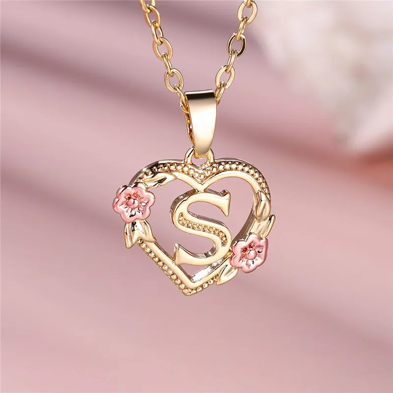 A-Z Letter Flower Pendant Necklace,  Yellow Gold  Wedding Jewelry GifTS