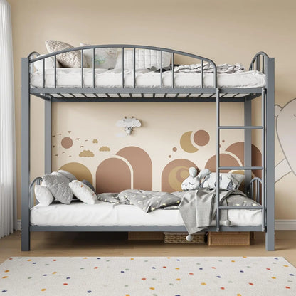 Metal Loft Bed Bunk Beds,  Twin Over Full Size with Heightened Safety Guardrail & Ladder, for School, Bedroom, Twin Size Grey