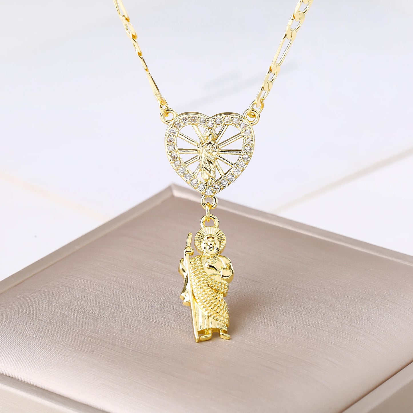 Catholic Saint Jude Heart,  Pendant NecklacE,  Gold Plated/ Rhinestone Religious Jewelry for Women Men, Prayer Gift
