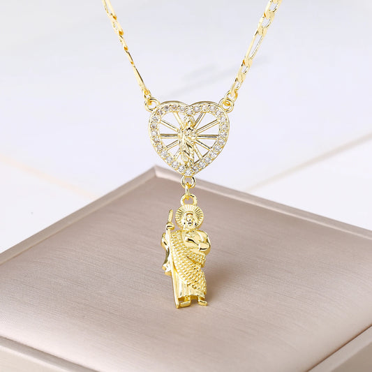Catholic Saint Jude Heart,  Pendant NecklacE,  Gold Plated/ Rhinestone Religious Jewelry for Women Men, Prayer Gift