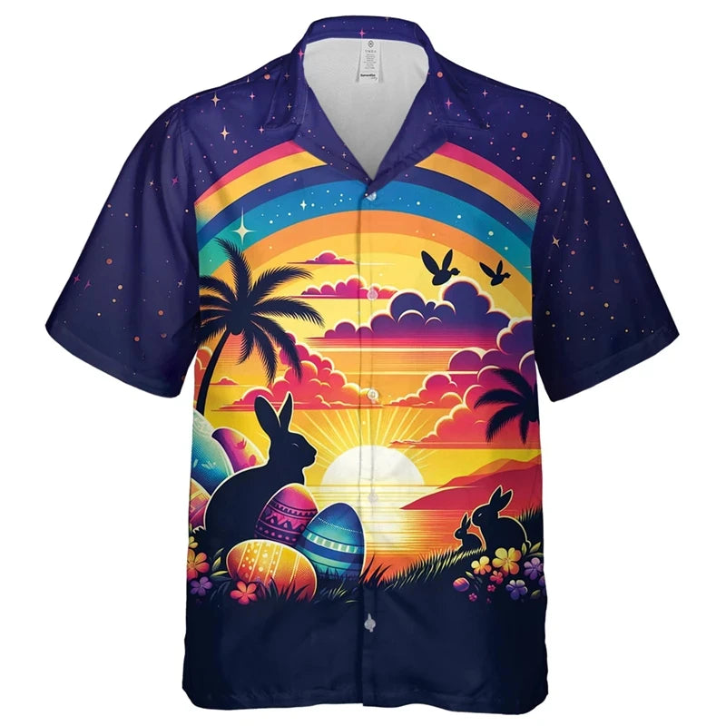 Happy Easter Day Graphic Beach Shirt,  Fashion Gifts,  Short Sleeve,  Cartoon Rabbit/ Egg
