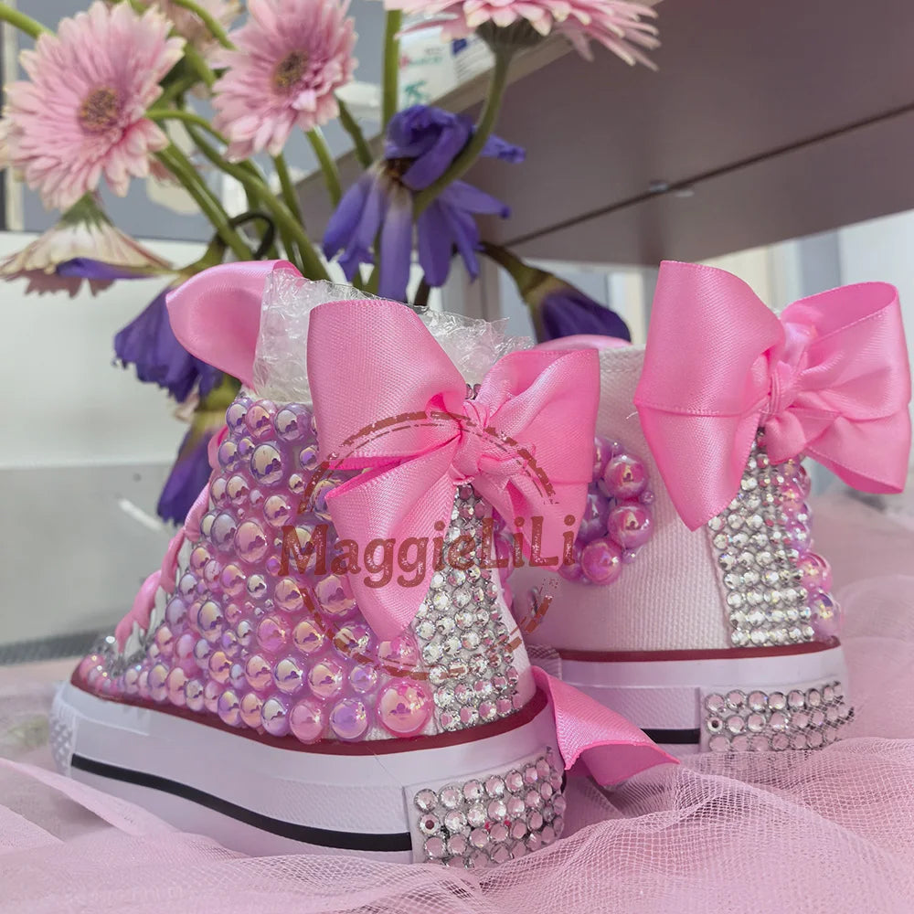 Handmade Rhinestones,  Bling  for Girls/ Womens /Kids And Mother Candy Canvas Shoes.   Pearl Sneakers For Girls Gift