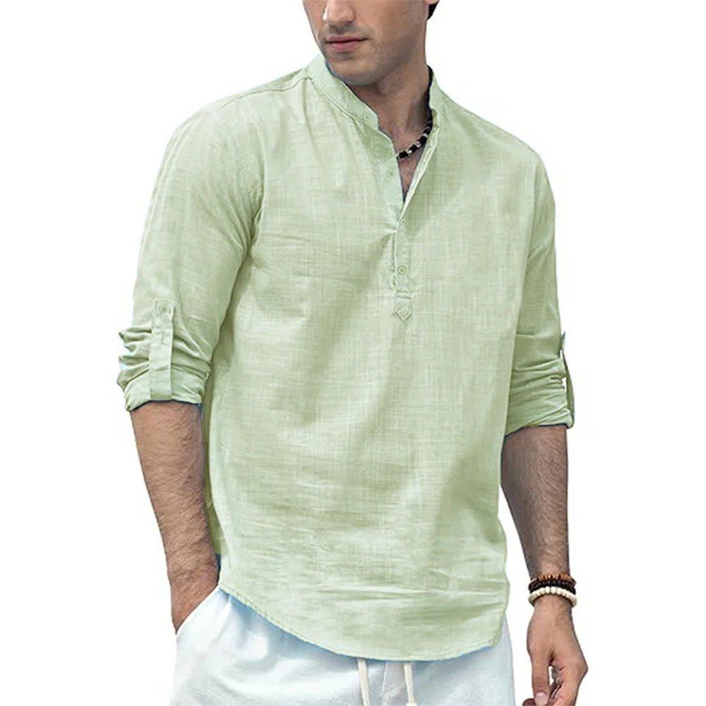 Men's Cotton /Linen Long Sleeve Shirt,  Lightweight with a  Henley Nec,  Beach- Style,  Solid Colors.