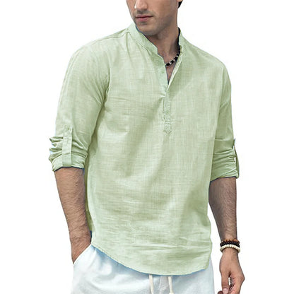 Men's Cotton /Linen Long Sleeve Shirt,  Lightweight with a  Henley Nec,  Beach- Style,  Solid Colors.
