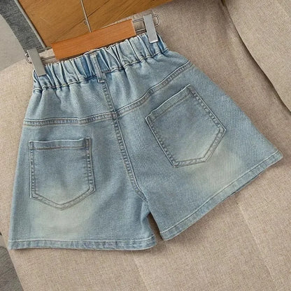 Girls  Summer  Shorts /Jeans,  Fashion Embroidery with  Bow,  Short Denim Pants For 2-12 Year Old Girls, Cotton Trousers