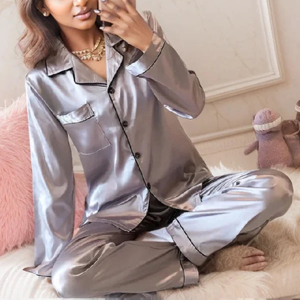 Plus Size Fall and Winter Silk Satin Women Pajamas Set Button down Top & Trousers 2 PCS Set Sleepwear Solid Nightwear Loungewear