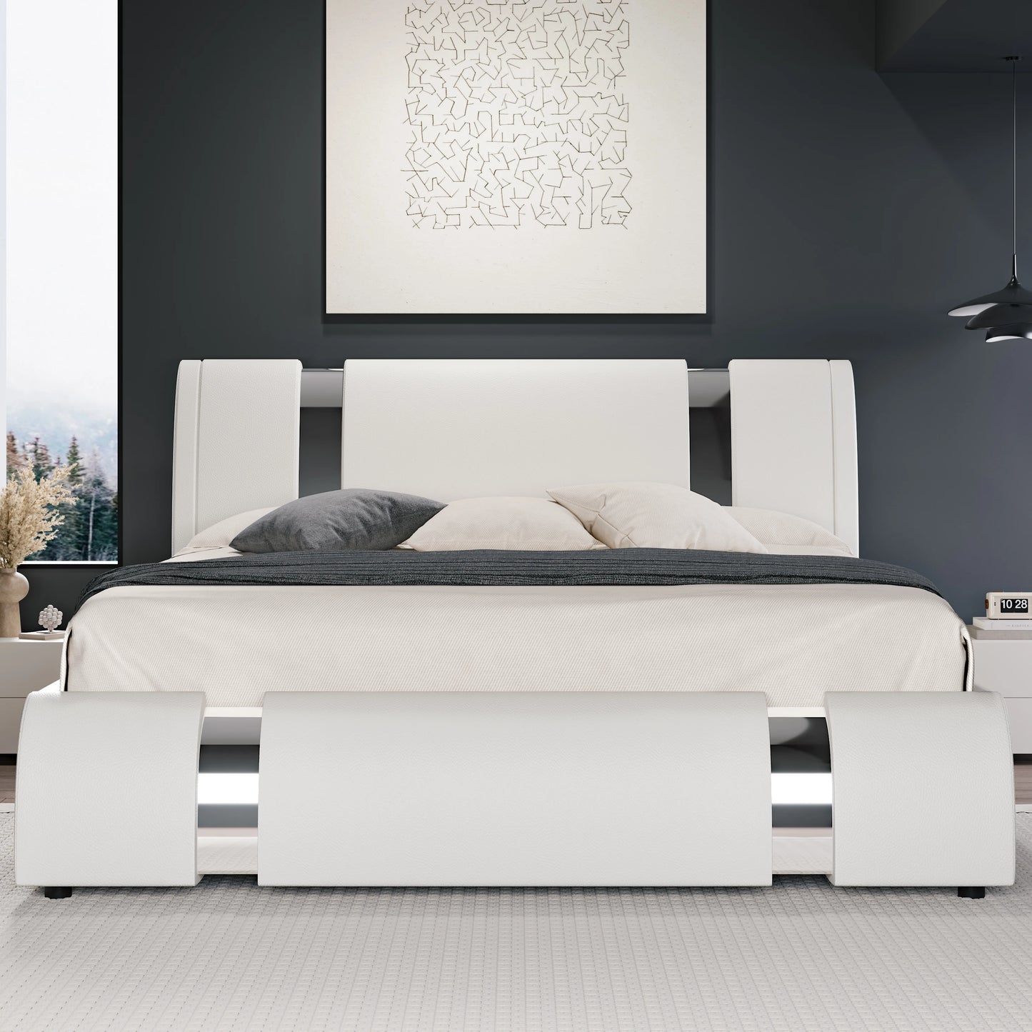 Modern Faux Leather Bed Frame with Iron Pieces  for Decor, Low Profile Platform Bed with Height-Adjustable Headboard