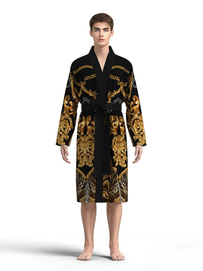 Mens Robe with 3D digital printing of  European aristocratic pattern.   Comfortable,  skin-friendly, long-sleeved thin bathrobe.
