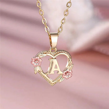 A-Z Letter Flower Pendant Necklace,  Yellow Gold  Wedding Jewelry GifTS