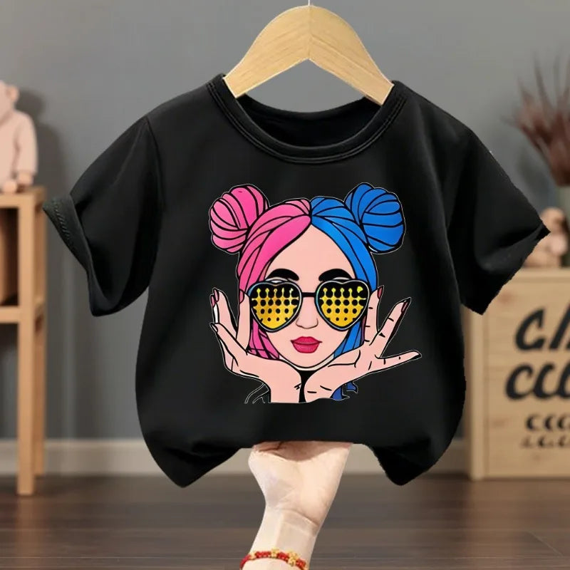 Girls Summer  Casual T Shirt, Fashion Printed Children's Short Sleeve Tops,  Kids Breathable Comfy Outdoor T's Black/ Pink /White