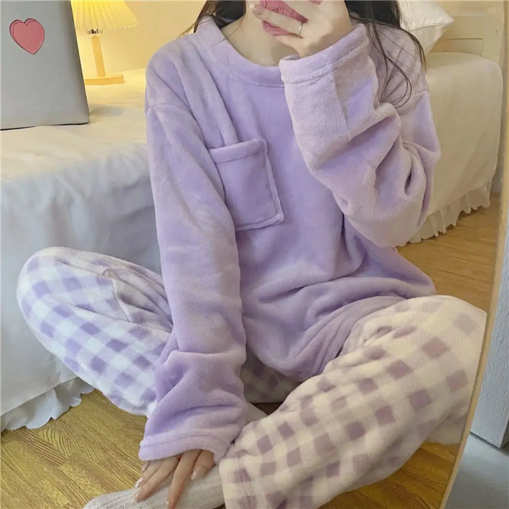 Fleece, Thick Warm Women's Pajamas Set FOR Winter Sleepwear. Casual Solid Top and Plaid Pants Soft  Pajmpas Set for Women