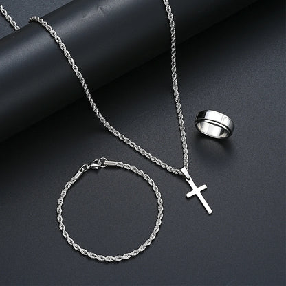 Stainless Steel Simple  3 piece Jewelry Set For Men /Women.  Fashion Silver Color,  Cross Pendant,  Twisted Rope Necklace and Bracelets with Ring Gift.