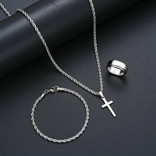Stainless Steel Simple  3 piece Jewelry Set For Men /Women.  Fashion Silver Color,  Cross Pendant,  Twisted Rope Necklace and Bracelets with Ring Gift.