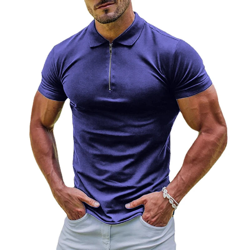 New Elastic Polos Shirts, 11 Solid Colors to pick from. Men's Sports T-shirt  with  Zipper, Short Sleeved Slim T-shirt , Casual, Basic Tops