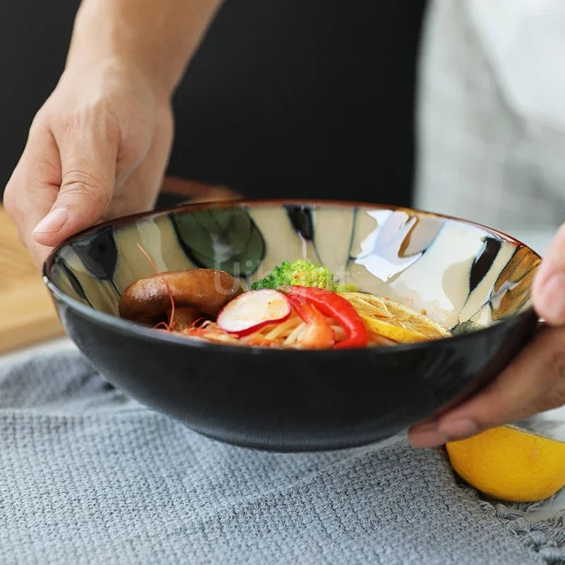 Japanese rural ceramic tableware Vine leaf soup bowl Lamian Noodles bowls Hot vegetable bowls Cover and pour rice bowl bowl set