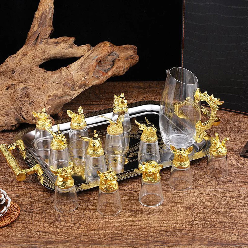 Luxurious Retro Zodiac Crystal Glass Liquor Set  for Home  and Entertainment Use.  White Wine Cup, 12 Pieces Hard Liquor Glasses Gift for Friend