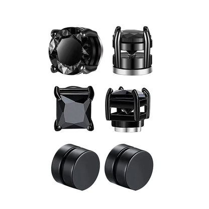 3 Pairs Crystal,  Strong Magnetic Ear Stud, Clip Earrings for Men and Women, Round  and square with 3 color choices for the framework.  Zircon, Magnet Earrings, Non Piercing Jewelry