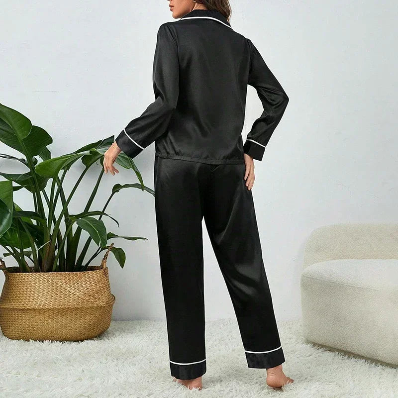 Spring Autumn Silk Pajamas Set for Women.  Casual,  Soft Nightwearwith  Long Shirt Tops and Long Pants Cardigan  Top