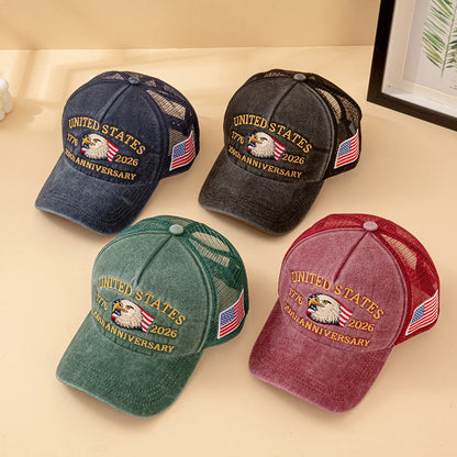 United States 250th Anniversary,  1776-2026 Bald Eagle Embroidered,  Washed Mesh,  American Flag , Adjustable Baseball Cap