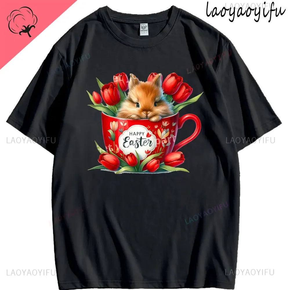 Bunny with Sunglass Unisex Retro Aesthetic T-shirt Funny. Happy Easter Bunny,  Cotton Tshirt, Ears  and Cute Rabbit