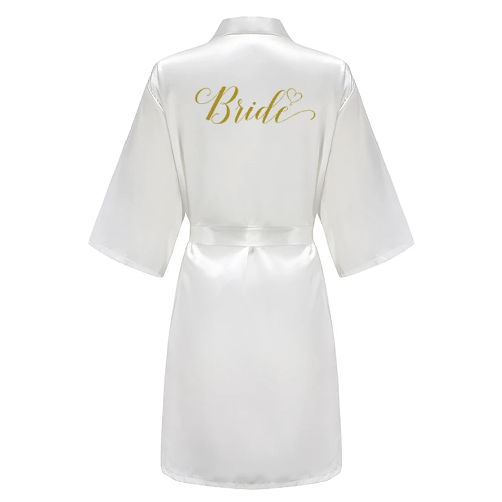 Wedding Party Team Bride Robe With Black Letters, Kimono Style Satin Bridesmaid Bathrobes