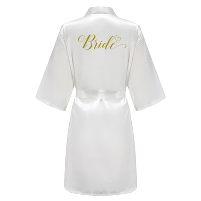 Wedding Party Team Bride Robe With Black Letters, Kimono Style Satin Bridesmaid Bathrobes