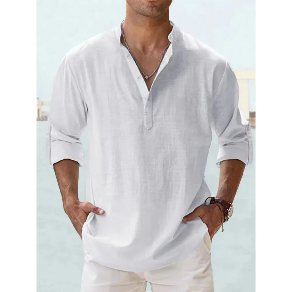 Cotton Linen Hot Sale Men's Short-Sleeved Shirts.  Summer Solid Colors Henley Collar Casual Beach Style Hawaiian Vacation