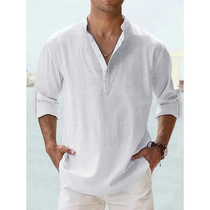 Cotton Linen Hot Sale Men's Short-Sleeved Shirts.  Summer Solid Colors Henley Collar Casual Beach Style Hawaiian Vacation