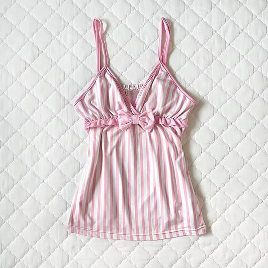 Women/girls Summer Fashion,  Sweet Bow with  Stripe Print.  Crop Tops, Vintage Cute,  Sleeveless Shirt,  Camis