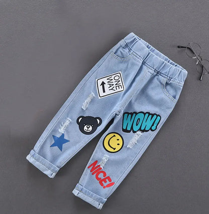 Children Jeans,   Boys Cotton Print Splice Stretch Denim Pants,  Teenage Trousers Wear,  Kids Clothing, Denim, Ripped,  Spring /Autumn