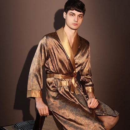 High Quality Nightrobes for  Men.   Summer Thin Bathrobe,  Large Size,  Ice Silk Printed Pajamas One-piece Robe, Loungewear, Spring