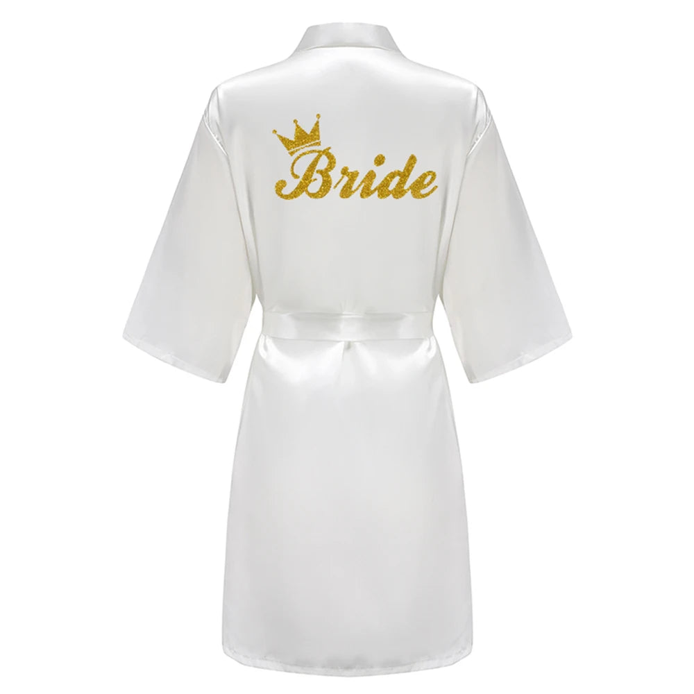 Wedding Party Team Bride Robe With Black Letters, Kimono Style Satin Bridesmaid Bathrobes