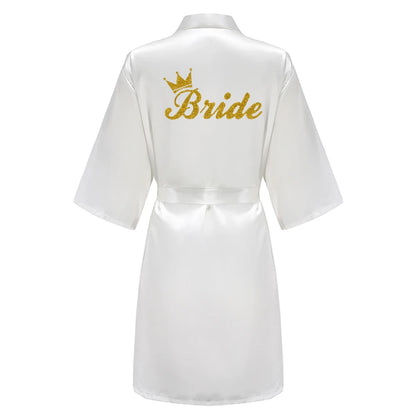 Wedding Party Team Bride Robe With Black Letters, Kimono Style Satin Bridesmaid Bathrobes